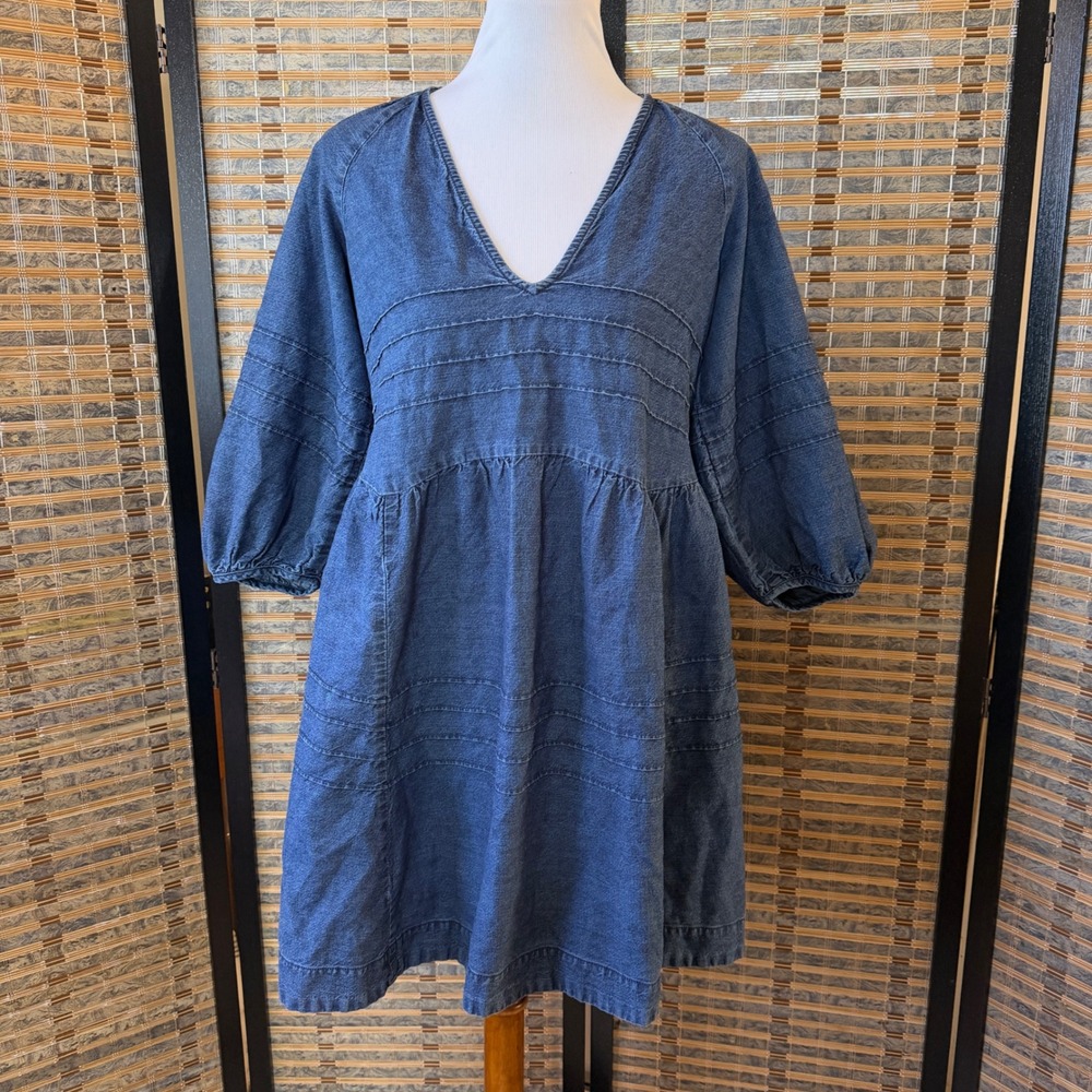 Free People Denim Mini Dress Women L Blue Open Back Tie Babydoll Puff Boho